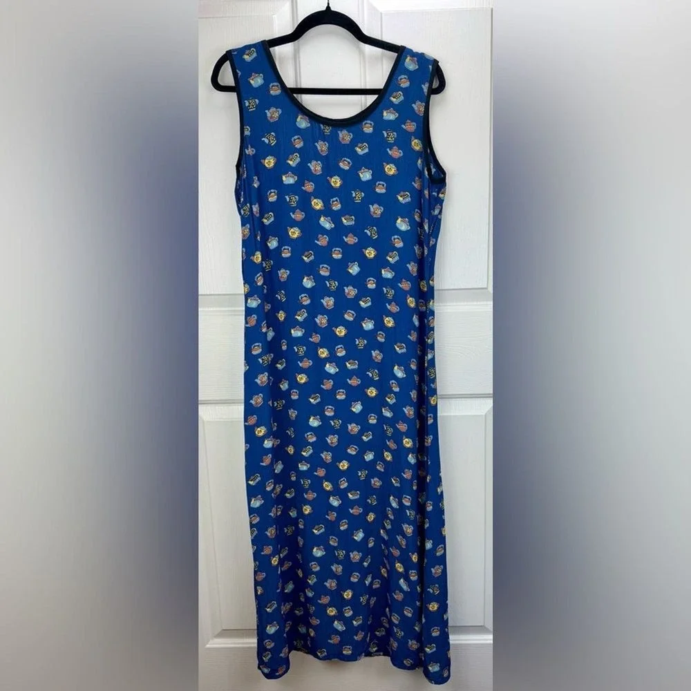 Vintage DK Cottagecore Maxi Shift Dress Teapot Tea Party Twee Quirky Novelty M‎